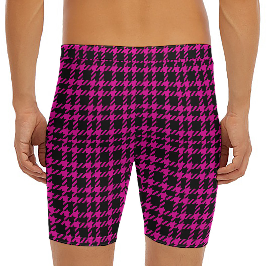 Hot Pink And Black Houndstooth Print Men's Long Boxer Briefs