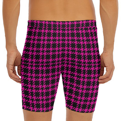Hot Pink And Black Houndstooth Print Men's Long Boxer Briefs