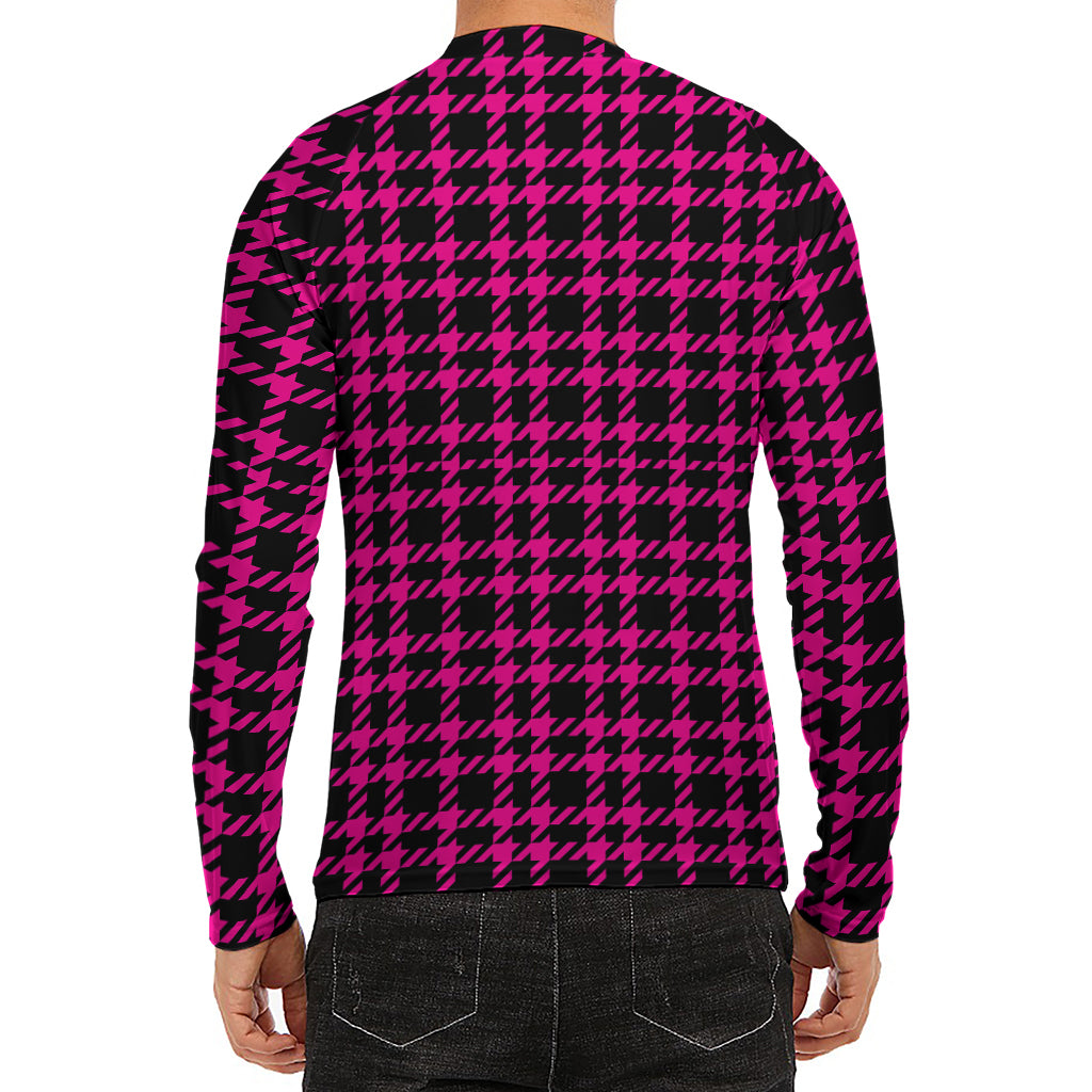 Hot Pink And Black Houndstooth Print Men's Long Sleeve Rash Guard