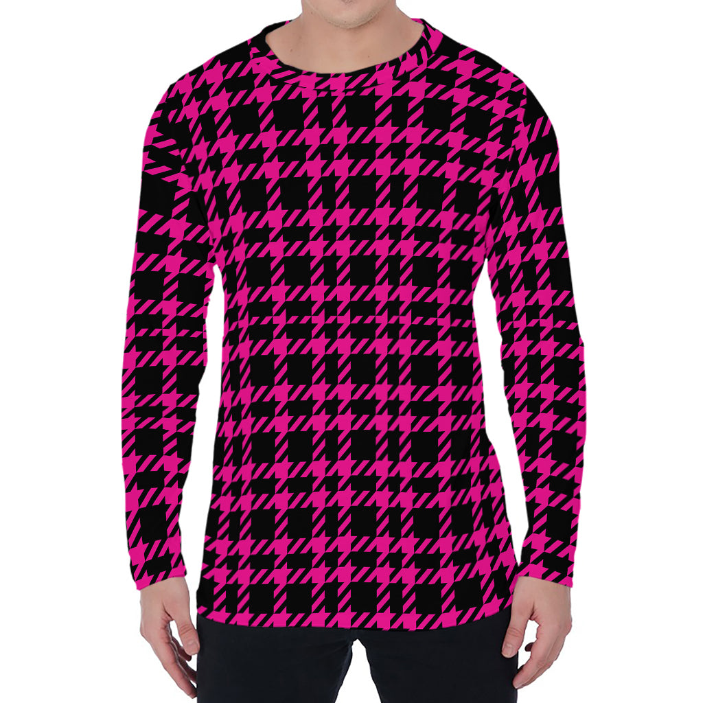 Hot Pink And Black Houndstooth Print Men's Long Sleeve T-Shirt