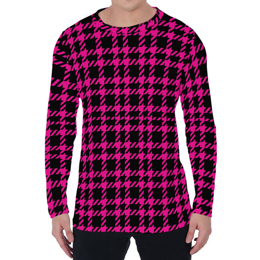 Hot Pink And Black Houndstooth Print Men's Long Sleeve T-Shirt