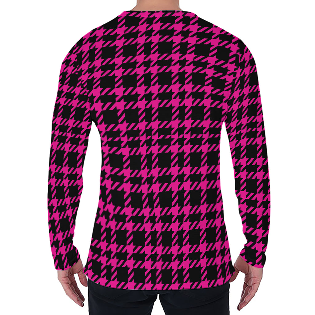 Hot Pink And Black Houndstooth Print Men's Long Sleeve T-Shirt