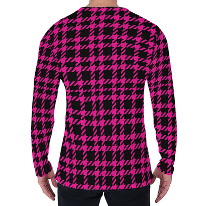 Hot Pink And Black Houndstooth Print Men's Long Sleeve T-Shirt