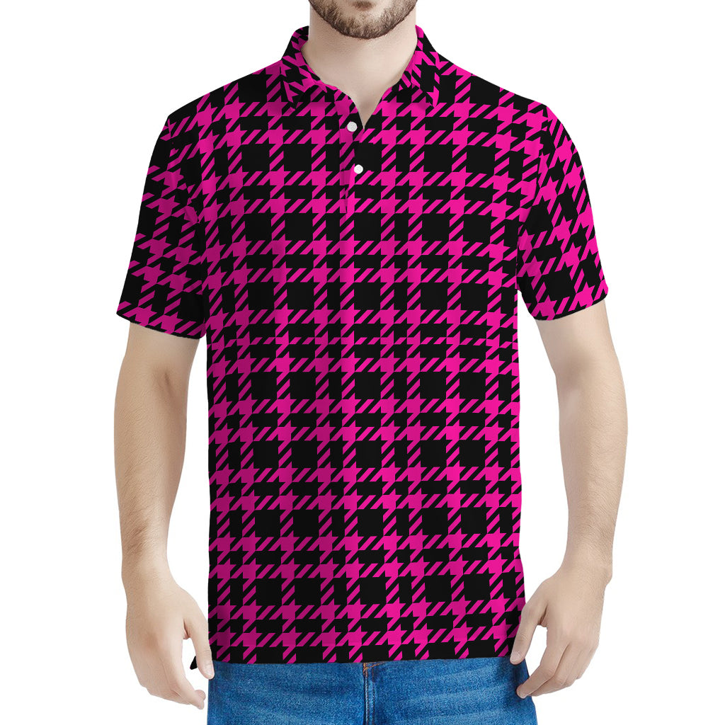Hot Pink And Black Houndstooth Print Men's Polo Shirt