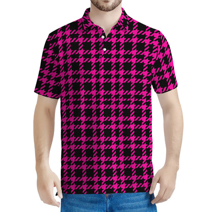 Hot Pink And Black Houndstooth Print Men's Polo Shirt