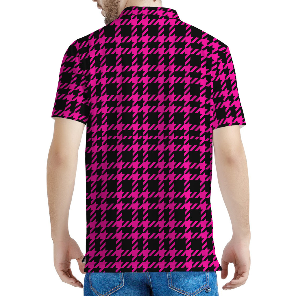 Hot Pink And Black Houndstooth Print Men's Polo Shirt