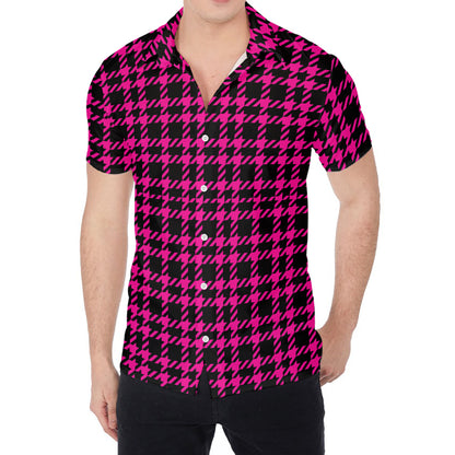 Hot Pink And Black Houndstooth Print Men's Shirt