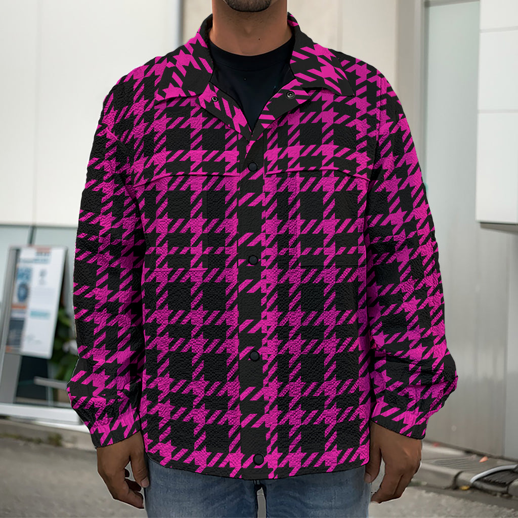 Hot Pink And Black Houndstooth Print Men's Shirt Jacket