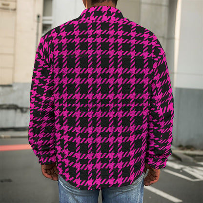 Hot Pink And Black Houndstooth Print Men's Shirt Jacket
