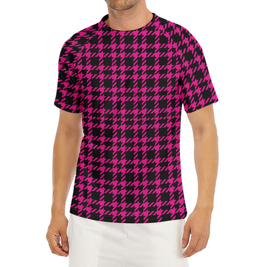 Hot Pink And Black Houndstooth Print Men's Short Sleeve Rash Guard