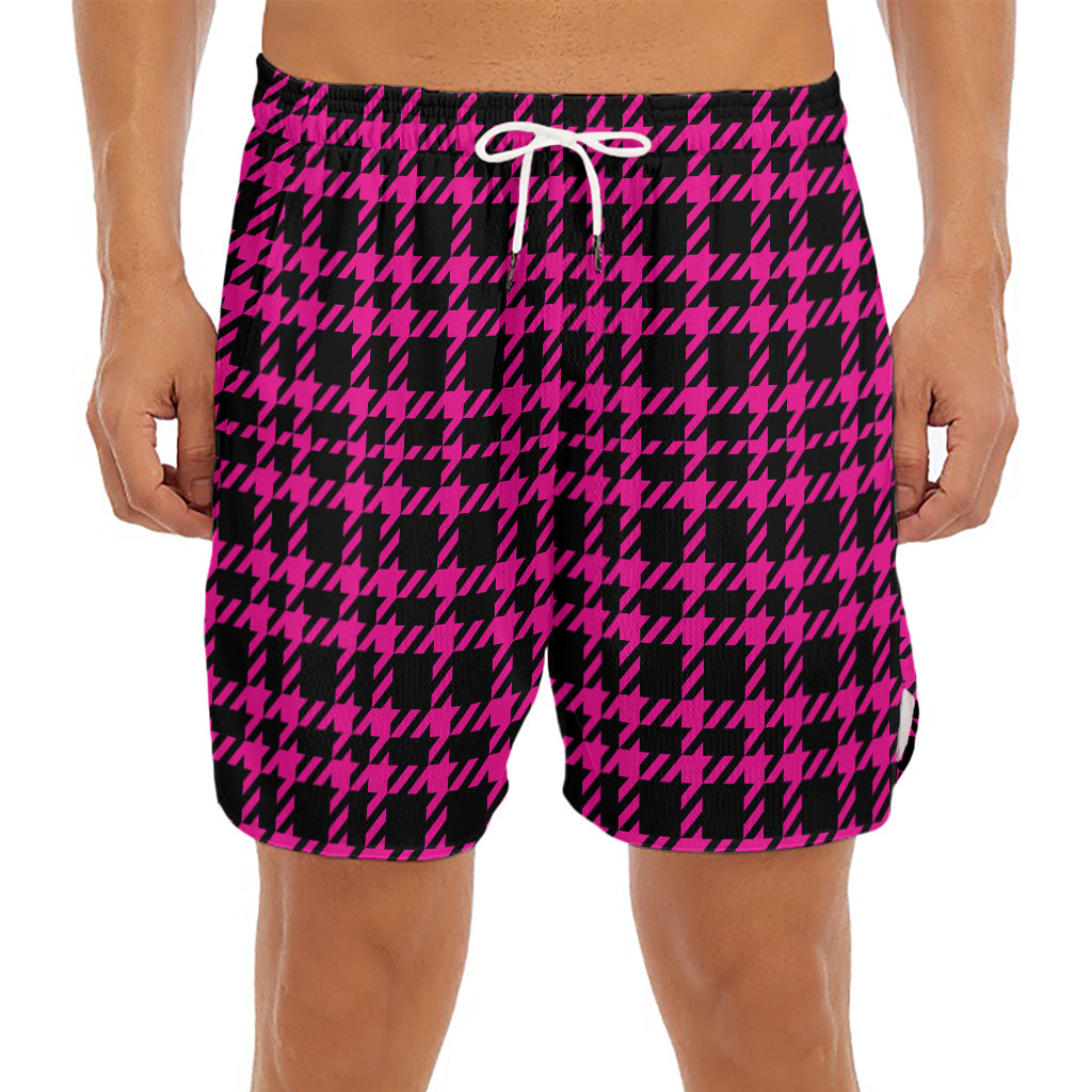 Hot Pink And Black Houndstooth Print Men's Split Running Shorts