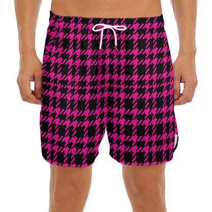 Hot Pink And Black Houndstooth Print Men's Split Running Shorts