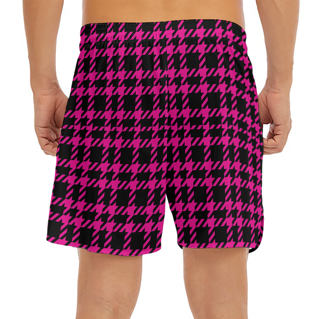 Hot Pink And Black Houndstooth Print Men's Split Running Shorts