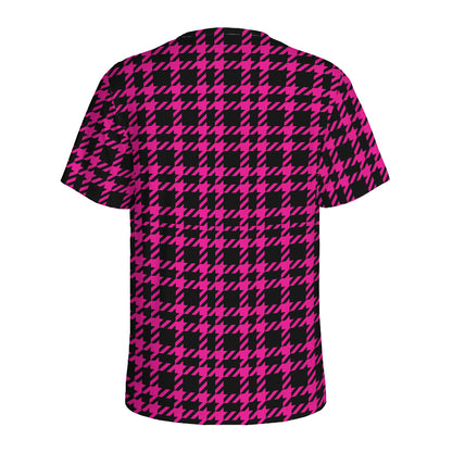 Hot Pink And Black Houndstooth Print Men's Sports T-Shirt