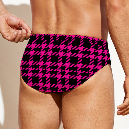 Hot Pink And Black Houndstooth Print Men's Swim Briefs