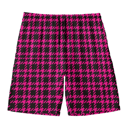 Hot Pink And Black Houndstooth Print Men's Swim Trunks