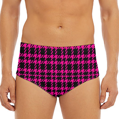 Hot Pink And Black Houndstooth Print Men's Triangle Swim Briefs