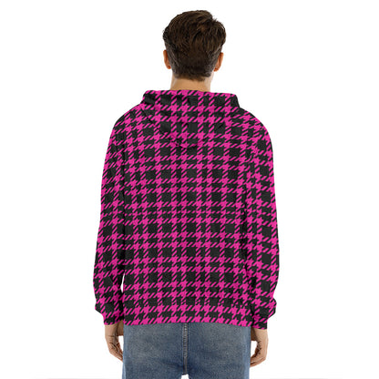 Hot Pink And Black Houndstooth Print Men's Velvet Pullover Hoodie