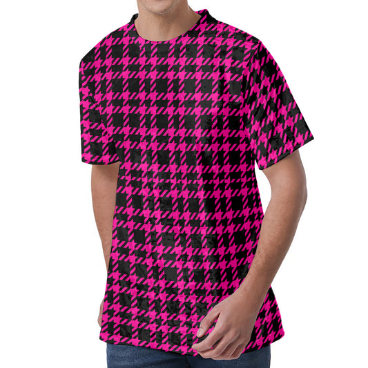 Hot Pink And Black Houndstooth Print Men's Velvet T-Shirt