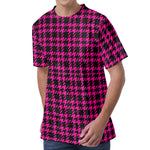 Hot Pink And Black Houndstooth Print Men's Velvet T-Shirt