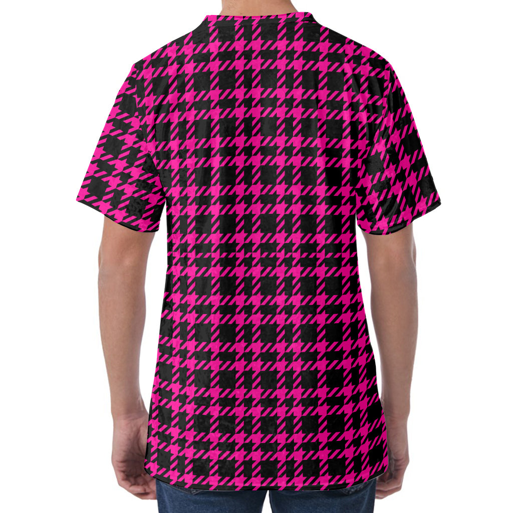 Hot Pink And Black Houndstooth Print Men's Velvet T-Shirt