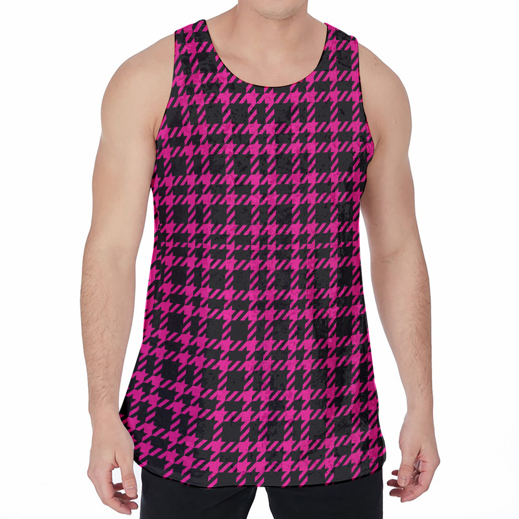 Hot Pink And Black Houndstooth Print Men's Velvet Tank Top