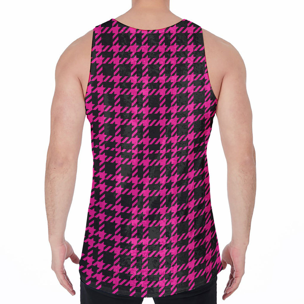 Hot Pink And Black Houndstooth Print Men's Velvet Tank Top