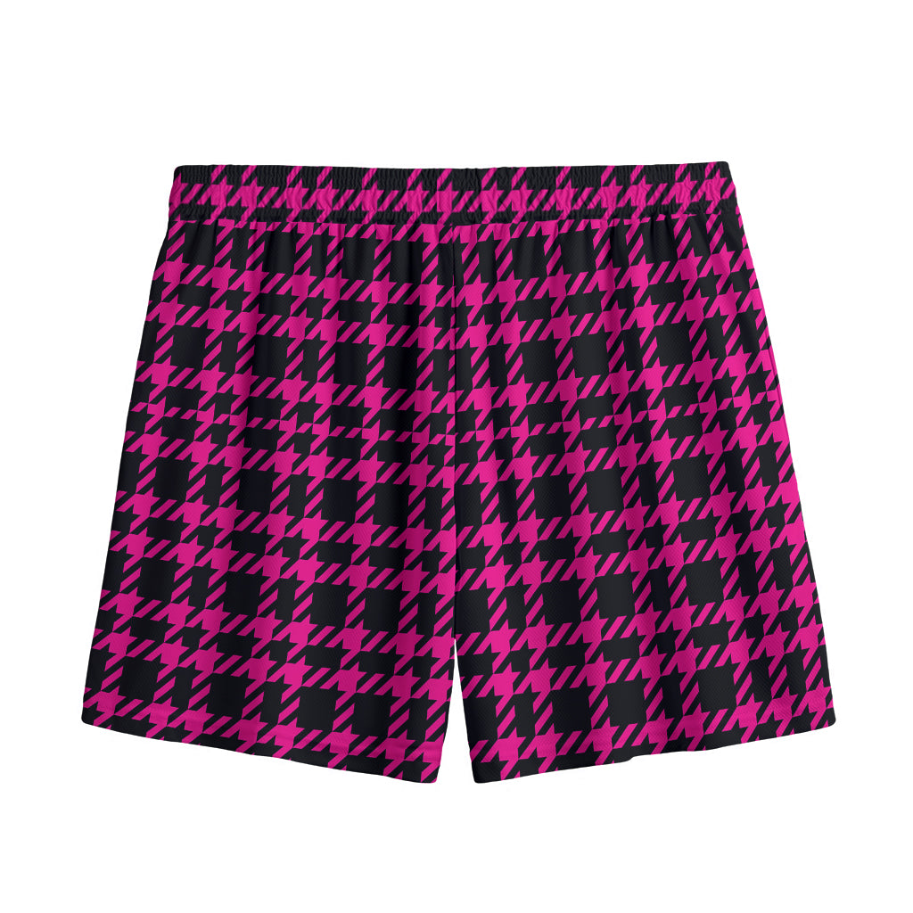 Hot Pink And Black Houndstooth Print Mesh Shorts