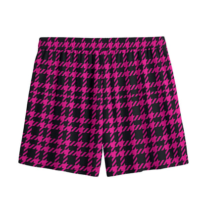 Hot Pink And Black Houndstooth Print Mesh Shorts