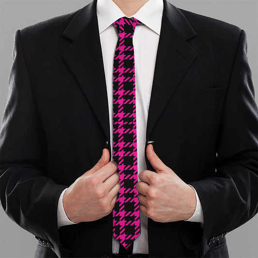 Hot Pink And Black Houndstooth Print Necktie