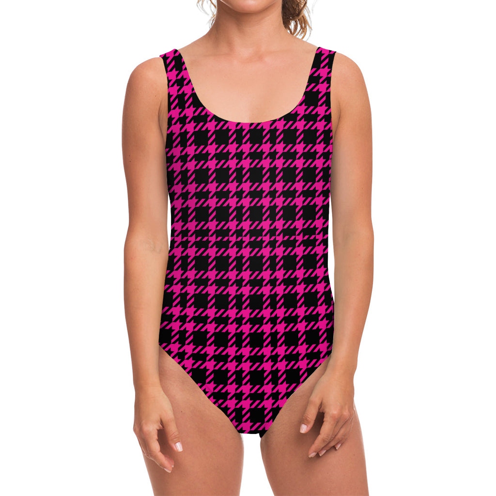 Hot Pink And Black Houndstooth Print One Piece Swimsuit