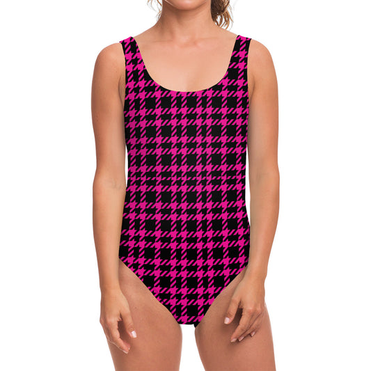 Hot Pink And Black Houndstooth Print One Piece Swimsuit