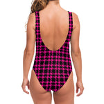 Hot Pink And Black Houndstooth Print One Piece Swimsuit