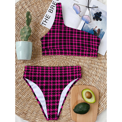 Hot Pink And Black Houndstooth Print One Shoulder Bikini Top