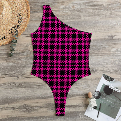 Hot Pink And Black Houndstooth Print One Shoulder Bodysuit