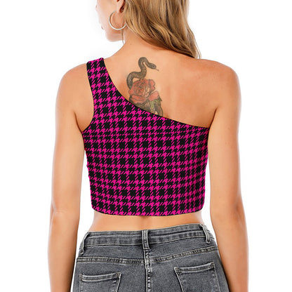 Hot Pink And Black Houndstooth Print One Shoulder Crop Top