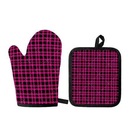 Hot Pink And Black Houndstooth Print Oven Mitt And Pot Holder Set