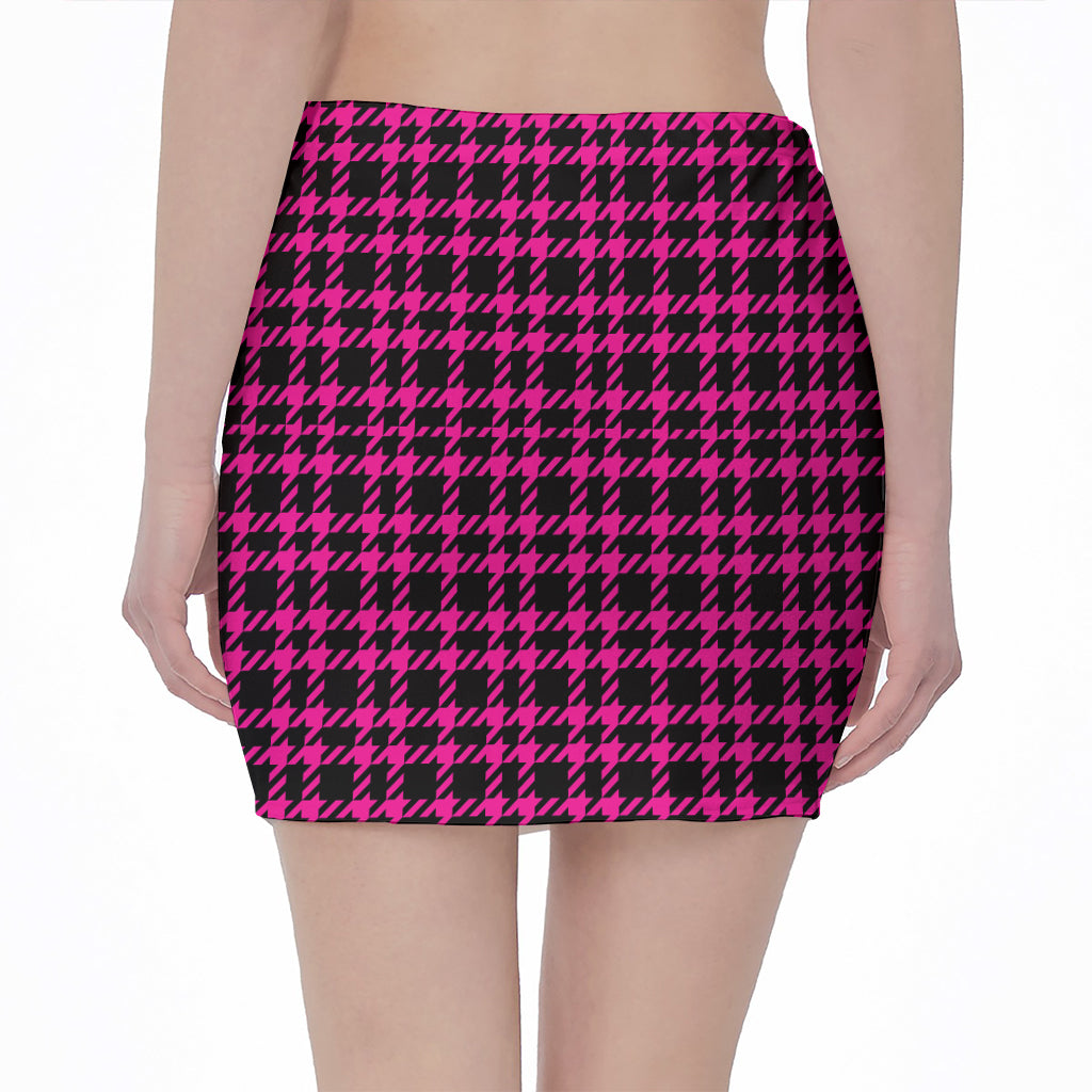 Hot Pink And Black Houndstooth Print Pencil Mini Skirt