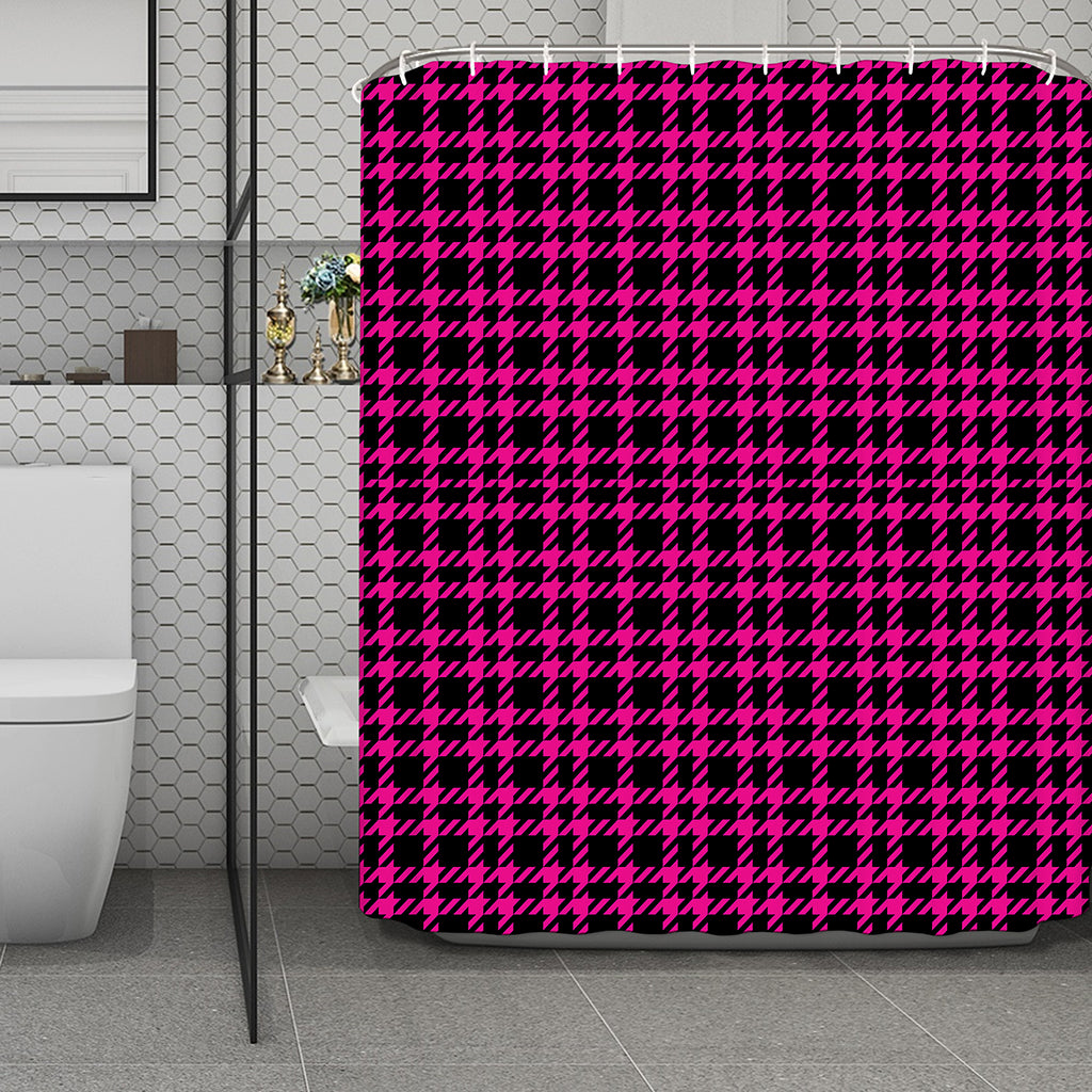 Hot Pink And Black Houndstooth Print Polyester Shower Curtain