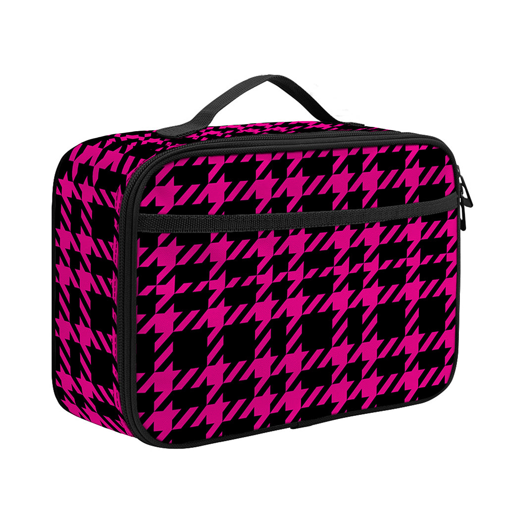 Hot Pink And Black Houndstooth Print Portable Lunch Bag