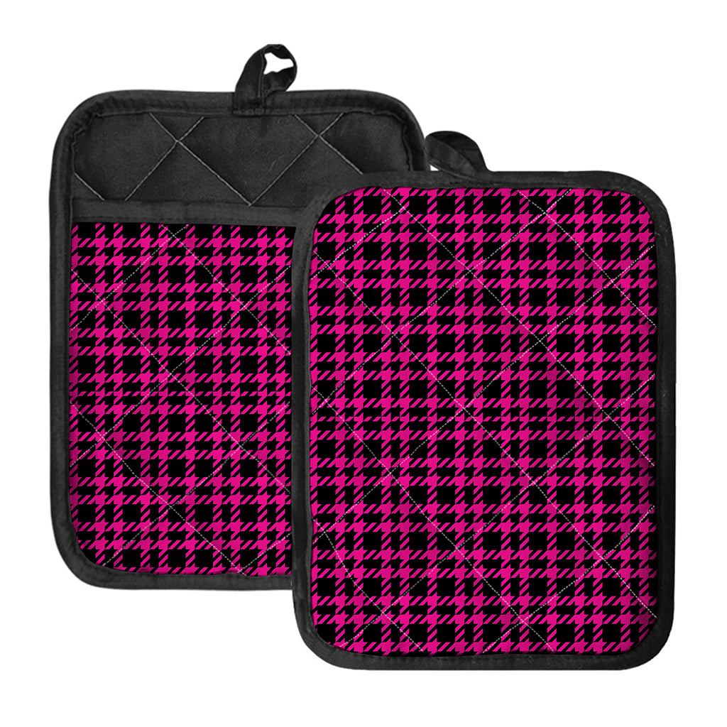 Hot Pink And Black Houndstooth Print Pot Holders With Pocket