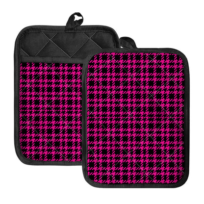 Hot Pink And Black Houndstooth Print Pot Holders With Pocket