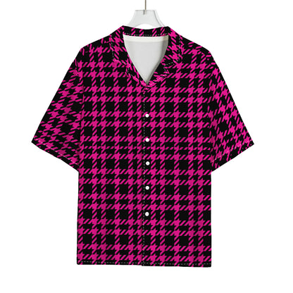 Hot Pink And Black Houndstooth Print Rayon Hawaiian Shirt