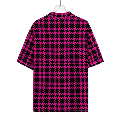 Hot Pink And Black Houndstooth Print Rayon Hawaiian Shirt