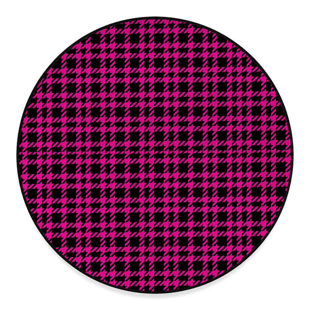 Hot Pink And Black Houndstooth Print Round Floor Mat