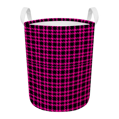 Hot Pink And Black Houndstooth Print Round Laundry Basket