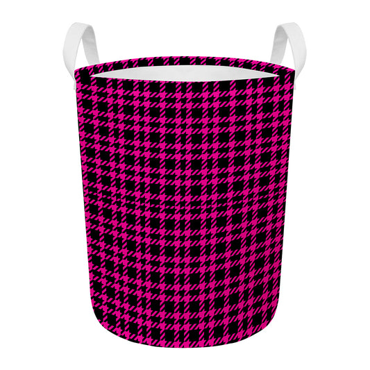 Hot Pink And Black Houndstooth Print Round Laundry Basket