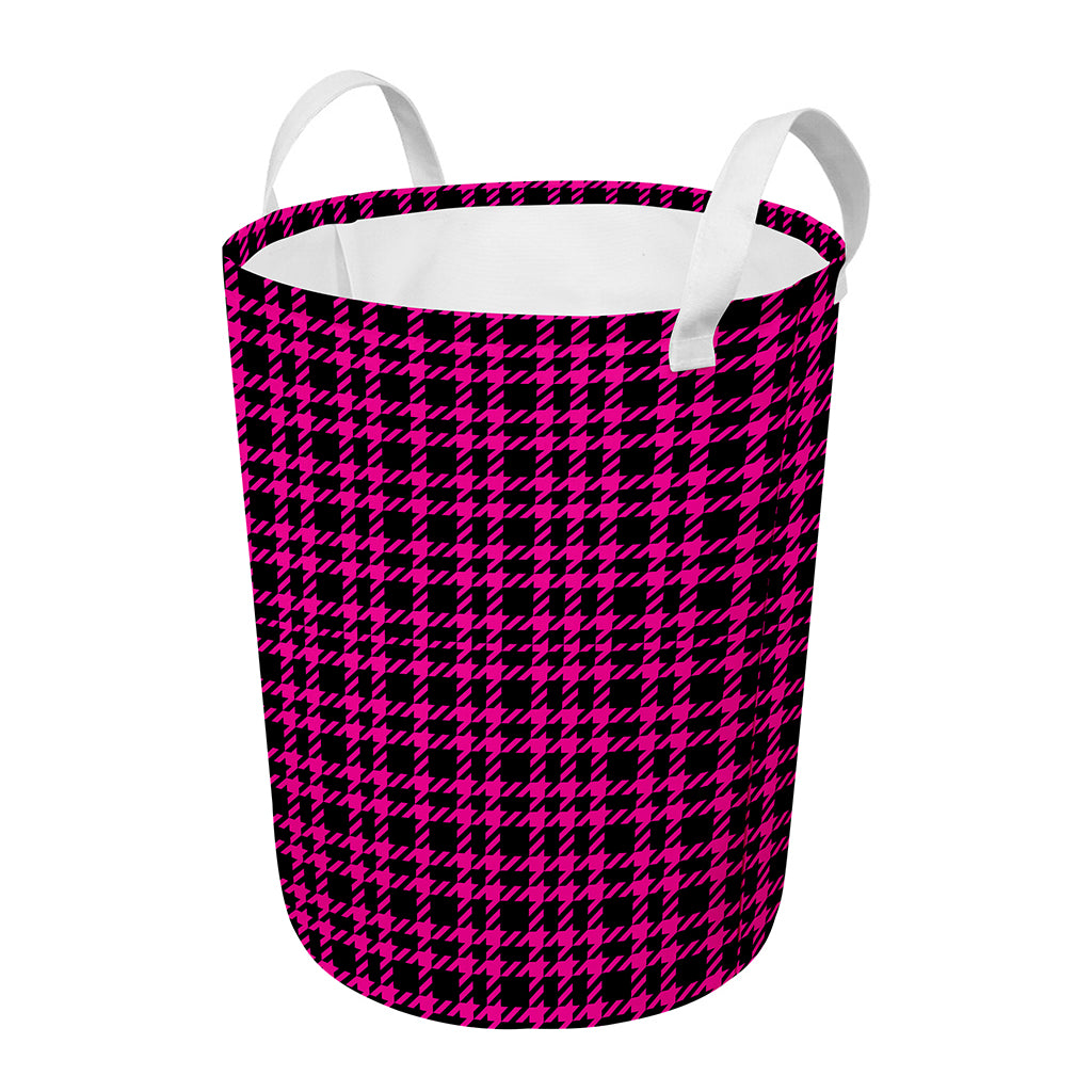 Hot Pink And Black Houndstooth Print Round Laundry Basket