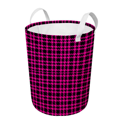 Hot Pink And Black Houndstooth Print Round Laundry Basket