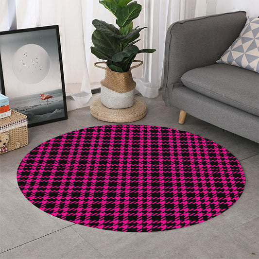 Hot Pink And Black Houndstooth Print Round Rug